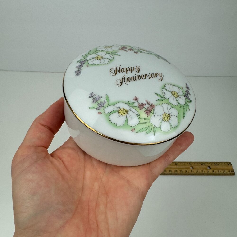 Vtg Simson Corp Round Happy Anniversary Gold Accents Floral Trinket Dish‎ Japan